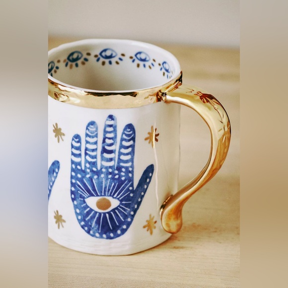 Anthropologie Other - Anthropologie insight Mug Hamsa Coffee Tea evil eye gold hands stars protection